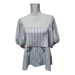 Madewell Blue‎ and Gray Puff Sleeve Smocked Peplum Blouse Sz XL